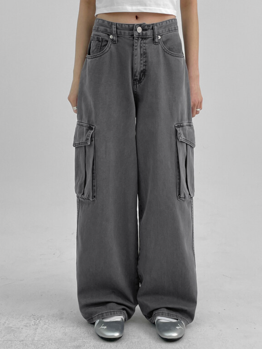 ZARA Cargo High-Waist Wide-Leg Jeans - Vintage Grey