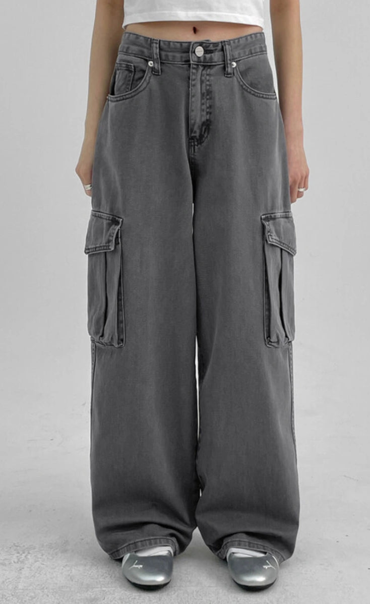 ZARA Cargo High-Waist Wide-Leg Jeans - Vintage Grey