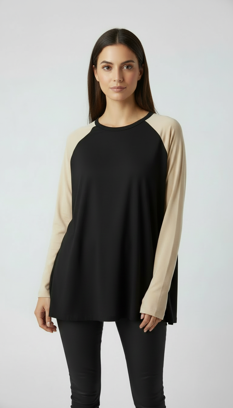 Contrast Raglan Sleeve Top | Black/Beige