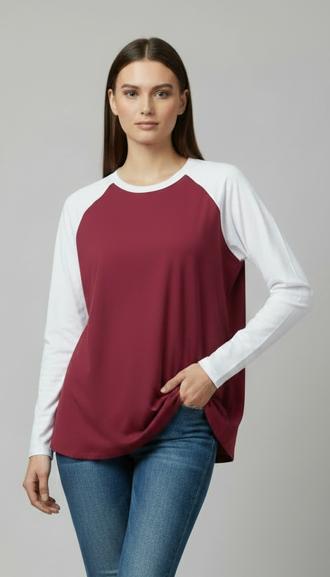 Contrast Raglan Sleeve Top | Maroon/White