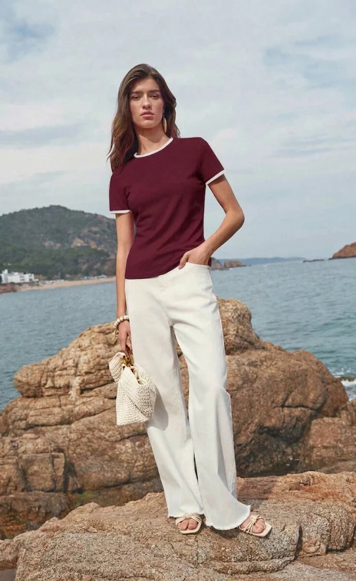 Contrast Trim T-Shirt - Maroon