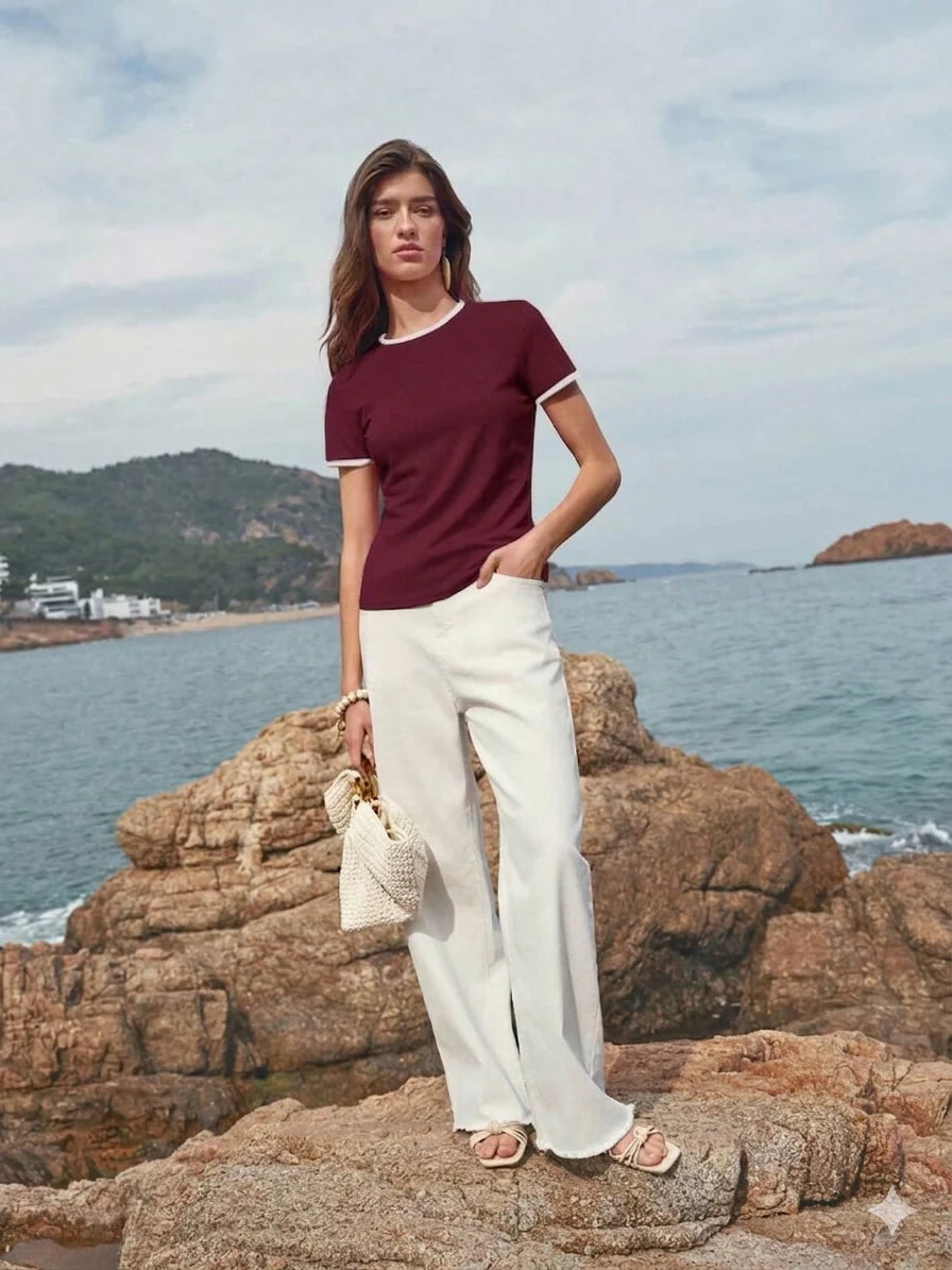 Contrast Trim T-Shirt - Maroon
