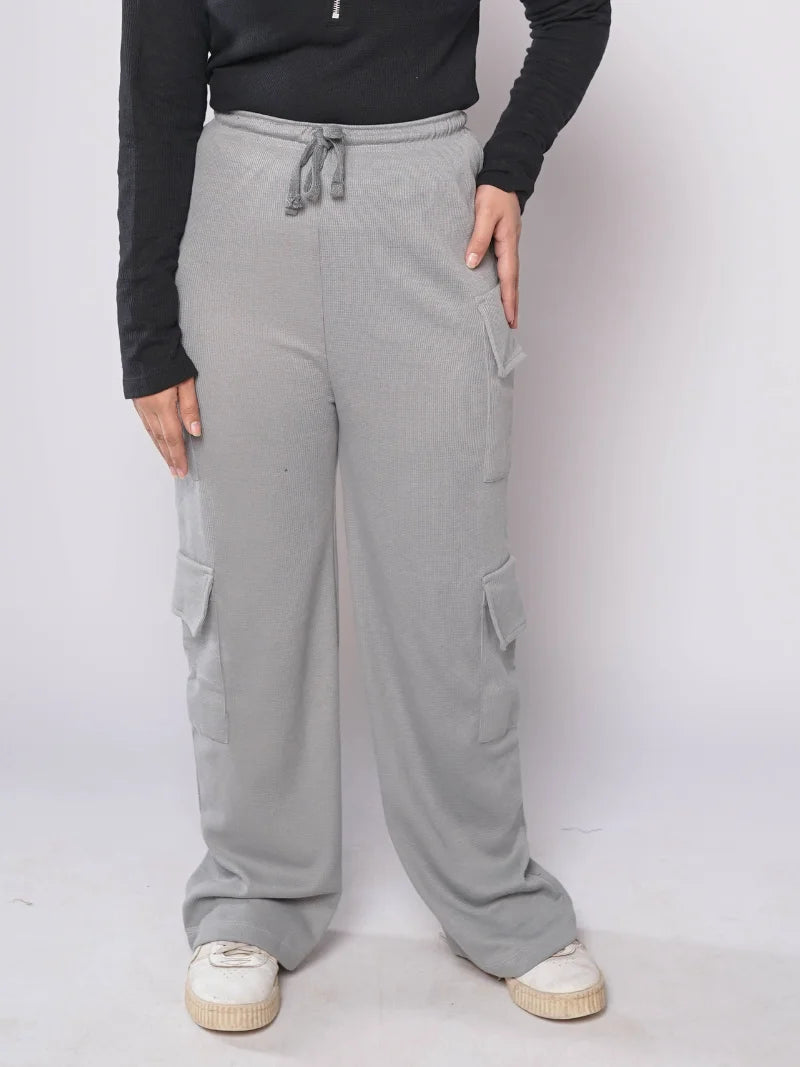 D600 - Grey Wide Leg Double Pocket Cargo Trousers