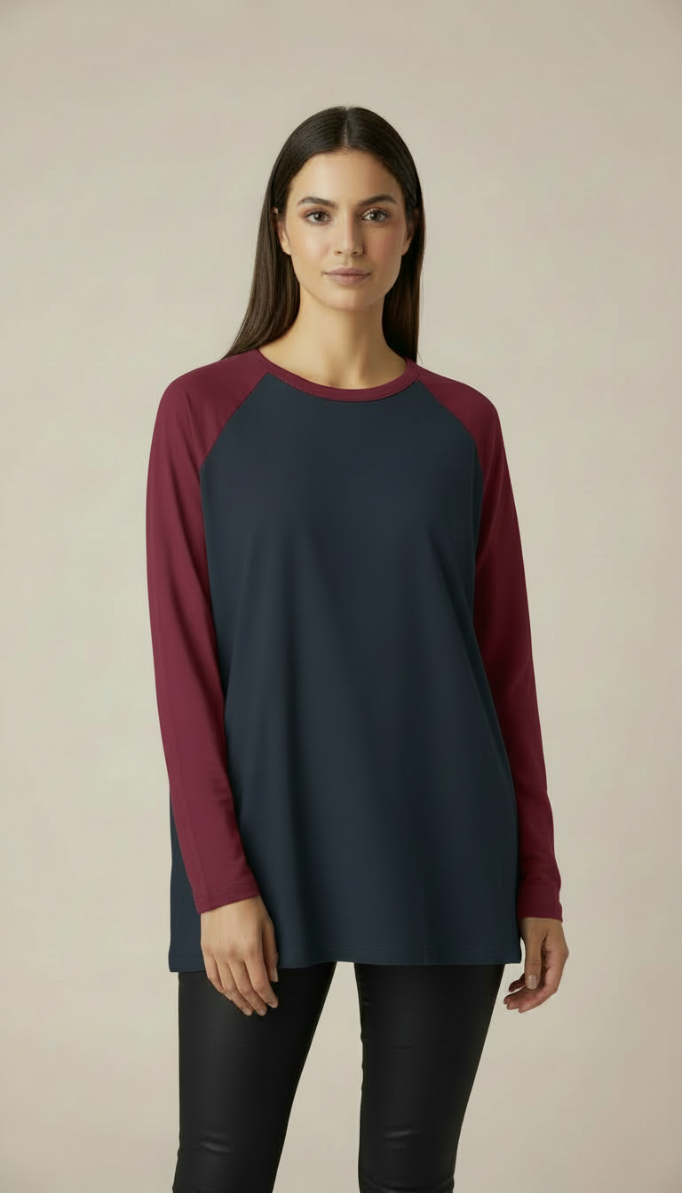 Contrast Raglan Sleeve Top | Black/Maroon