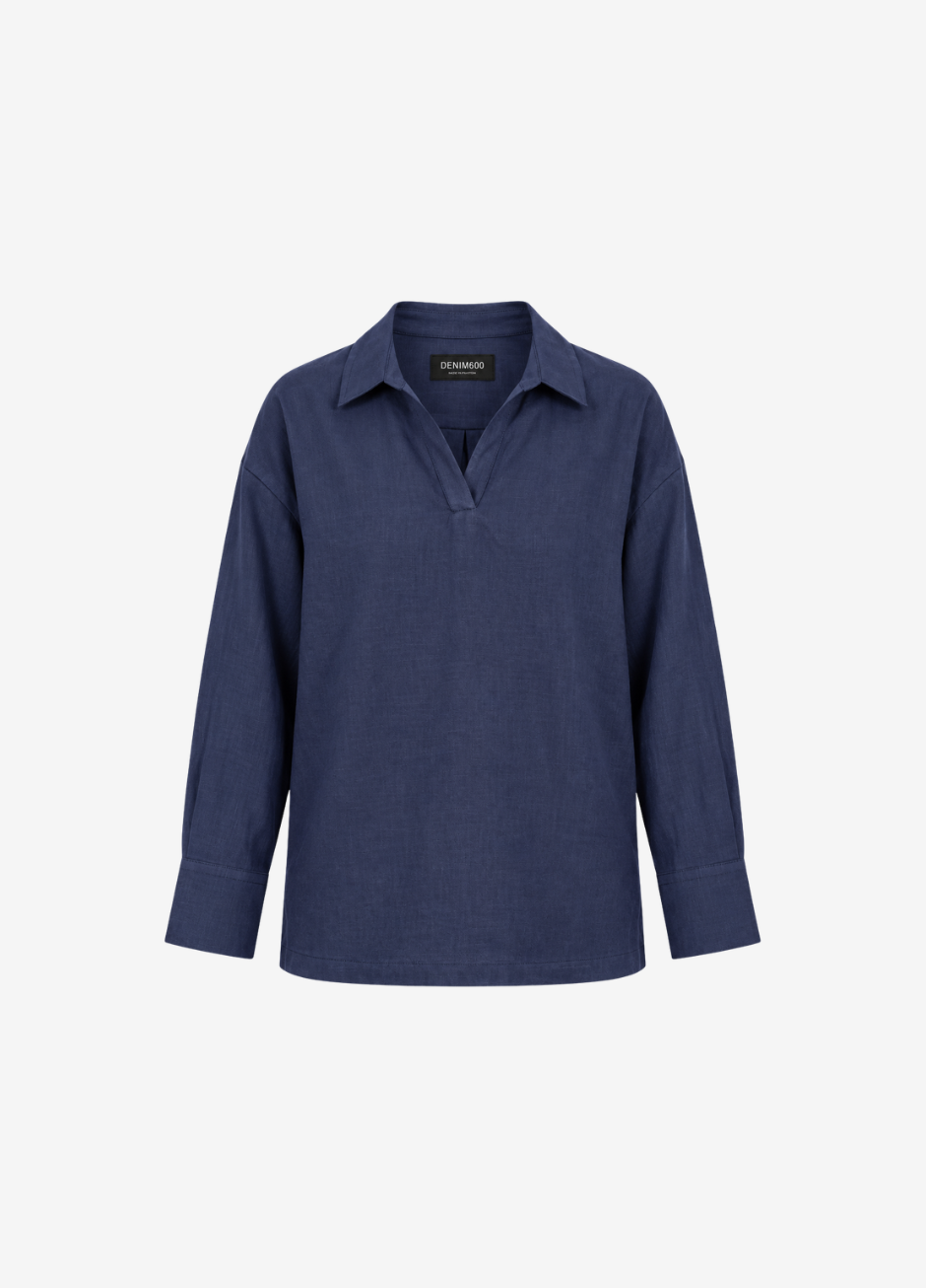 Oversized V-Neck Collar Shirt - Navy Blue