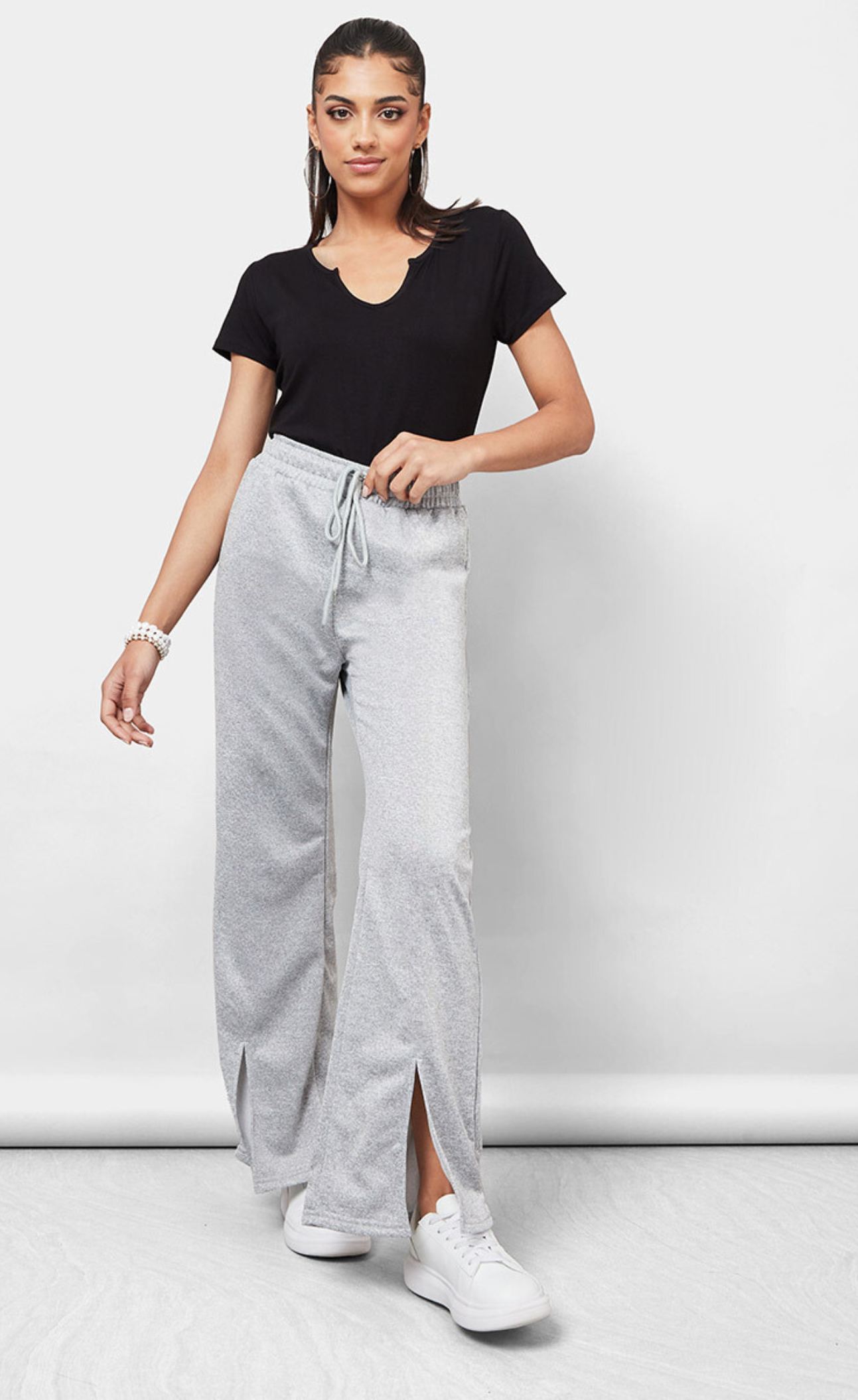 D600 FRONT SLIT WIDE LEG TROUSER - GREY