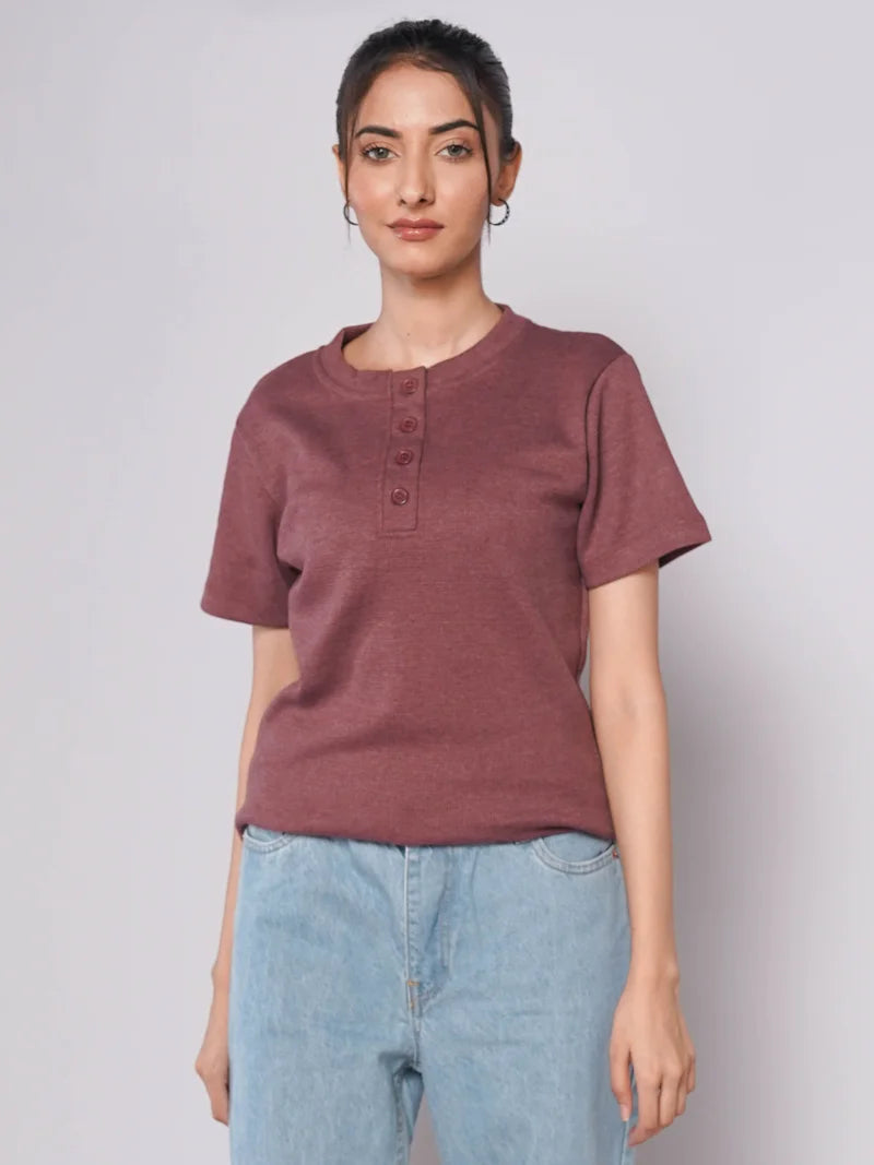 Band Collar Button Ribbed Knit TEE - Burgundy (Short Sleeves)