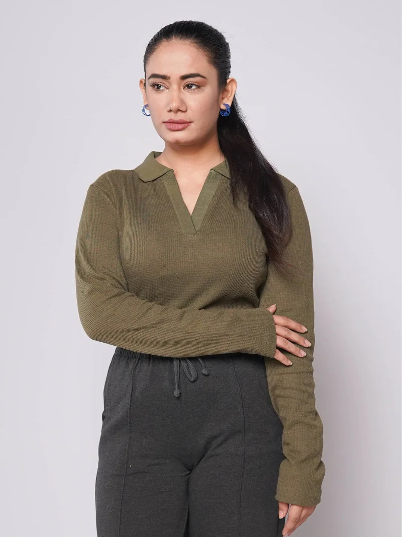 Johnny Collar Ribbed Knit Polo - Olive (Full Sleeves)