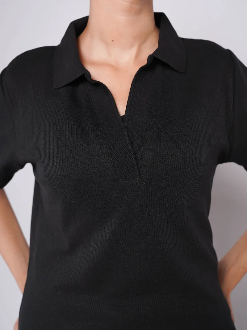 Johnny Collar Ribbed Knit Polo - Black (Short Sleeves)