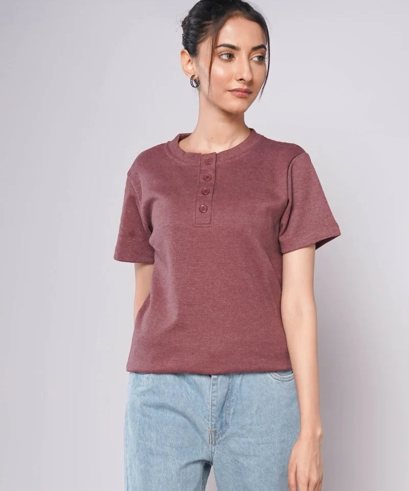 Band Collar Button Ribbed Knit TEE - Burgundy (Short Sleeves)