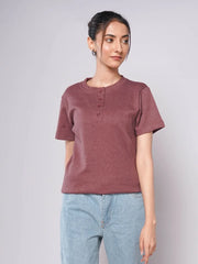 Band Collar Button Ribbed Knit TEE - Burgundy (Short Sleeves)