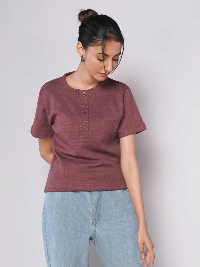 Band Collar Button Ribbed Knit TEE - Burgundy (Short Sleeves)