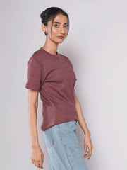 Band Collar Button Ribbed Knit TEE - Burgundy (Short Sleeves)