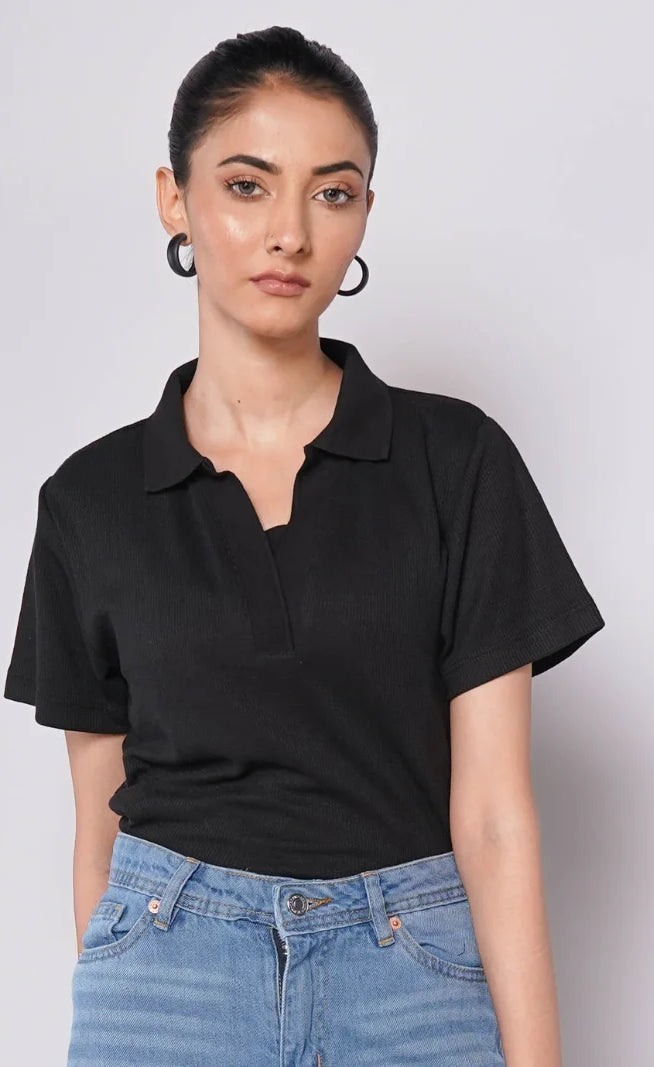 Johnny Collar Ribbed Knit Polo - Black (Short Sleeves)