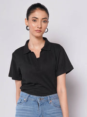 Johnny Collar Ribbed Knit Polo - Black (Short Sleeves)