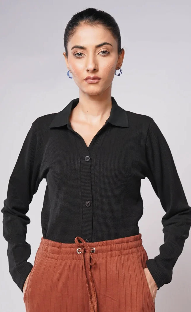 Button Up Ribbed Knit Shirt - Black (Full Sleeves)