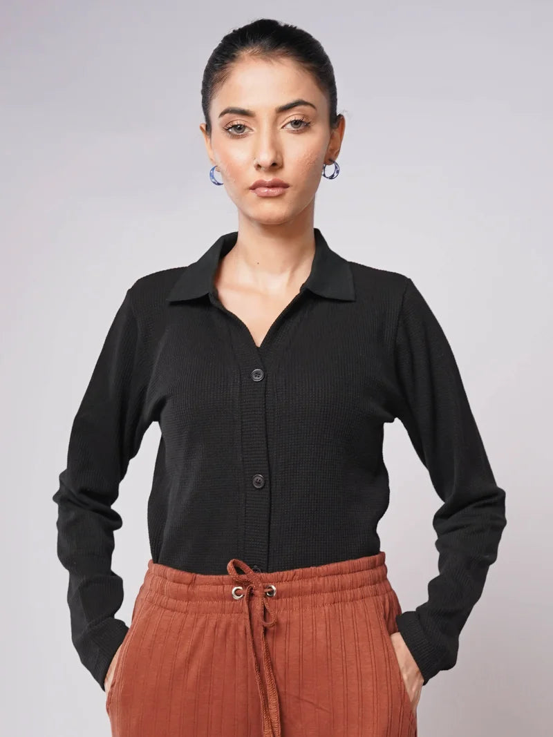 Button Up Ribbed Knit Shirt - Black (Full Sleeves)