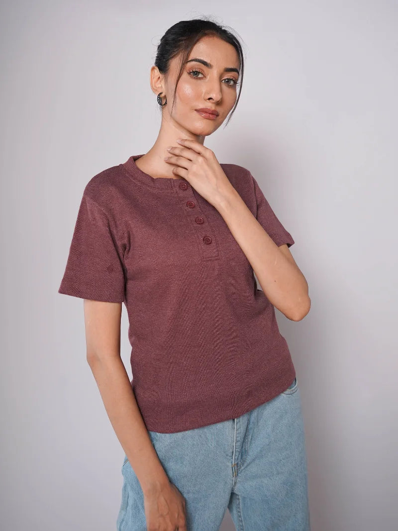 Band Collar Button Ribbed Knit TEE - Burgundy (Short Sleeves)