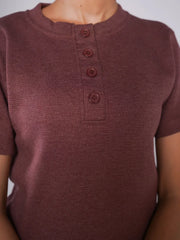 Band Collar Button Ribbed Knit TEE - Burgundy (Short Sleeves)