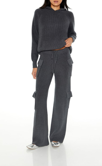 D600 - Dark Grey Wide Leg Double Pocket Cargo Trousers