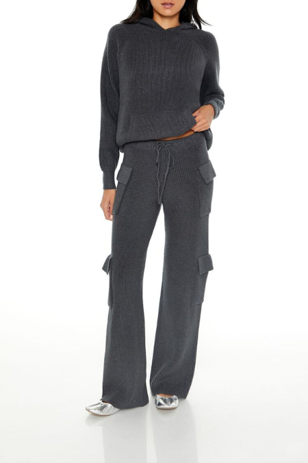 D600 - Dark Grey Wide Leg Double Pocket Cargo Trousers