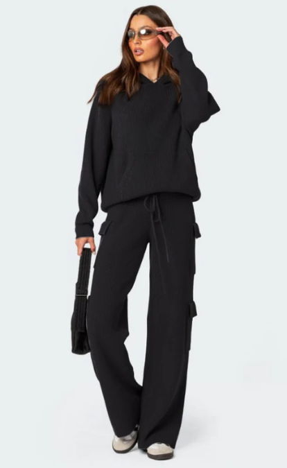 D600 - Black Wide Leg Double Pocket Cargo Trousers