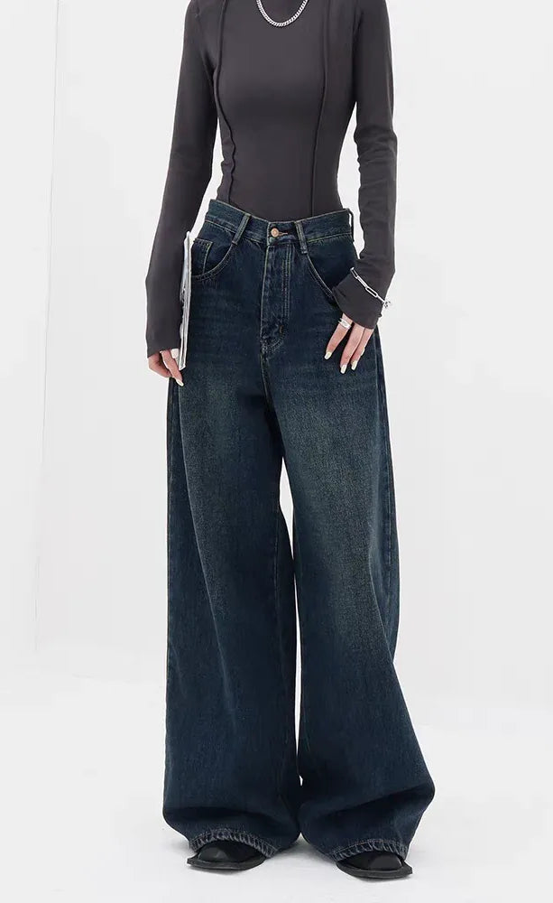 D600 Loose Fit High Waist Wide Leg Jeans - indigo Green