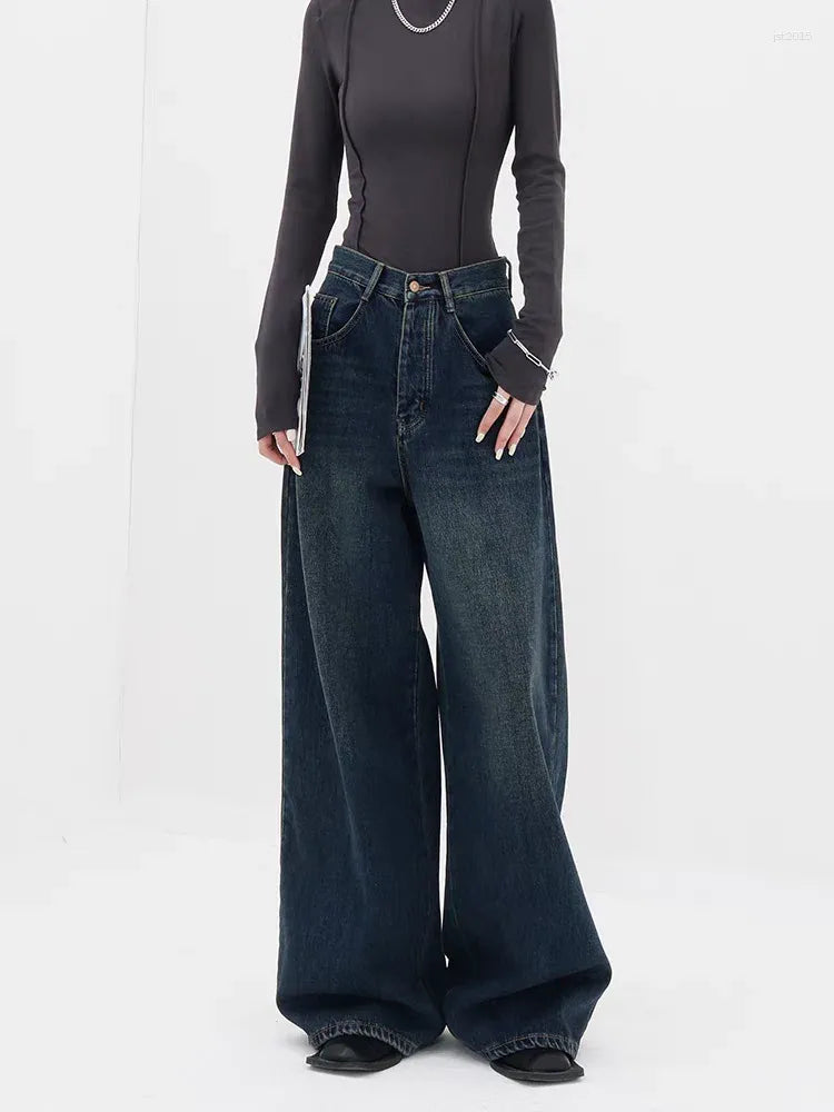 D600 Loose Fit High Waist Wide Leg Jeans - indigo Green