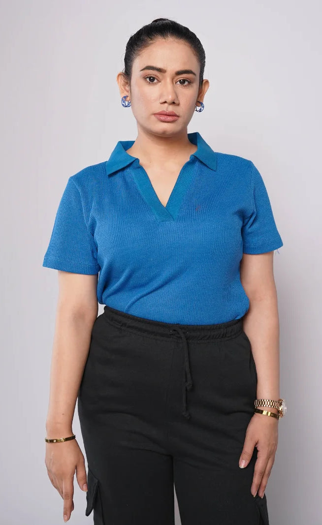 Johnny Collar Ribbed Knit Polo - Sapphire Blue (Short Sleeves)