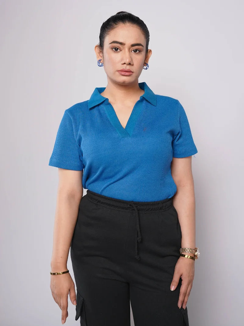 Johnny Collar Ribbed Knit Polo - Sapphire Blue (Short Sleeves)