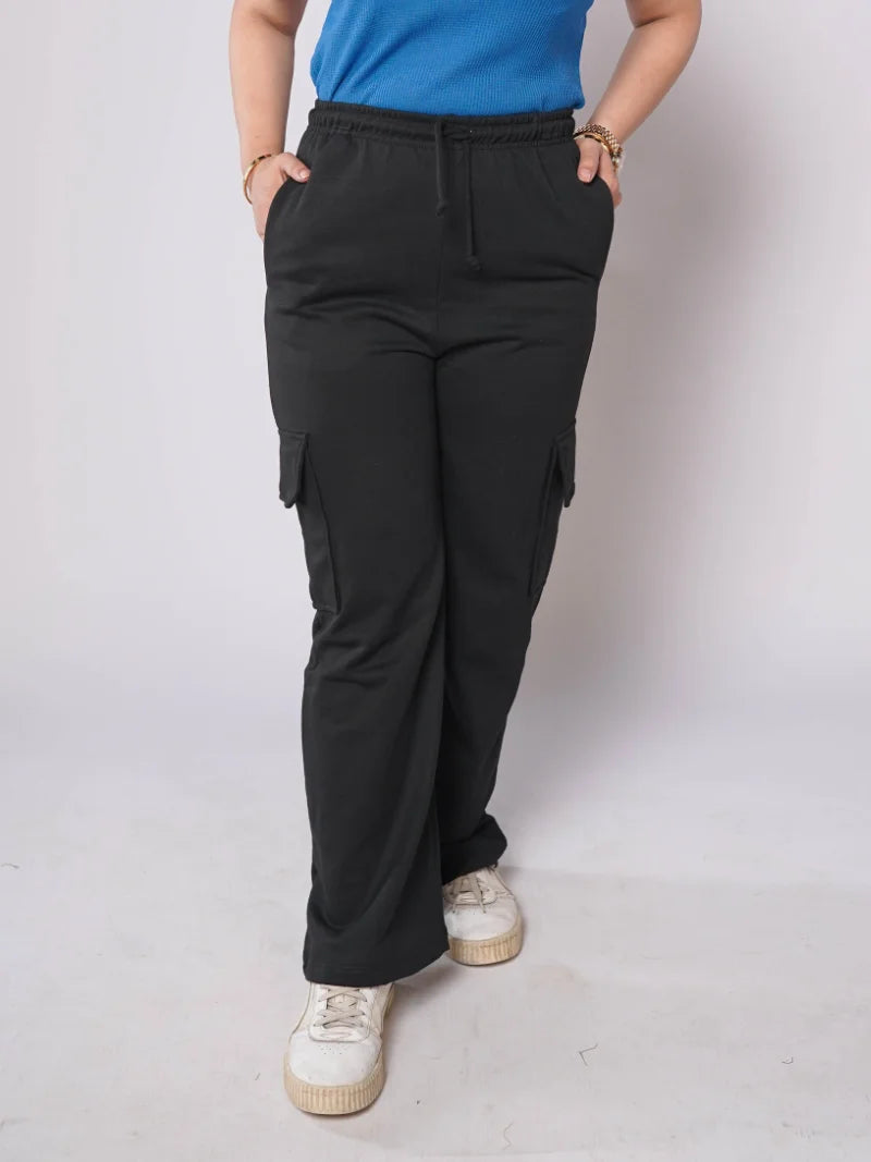 D600 - Black Wide Leg Cargo Trousers