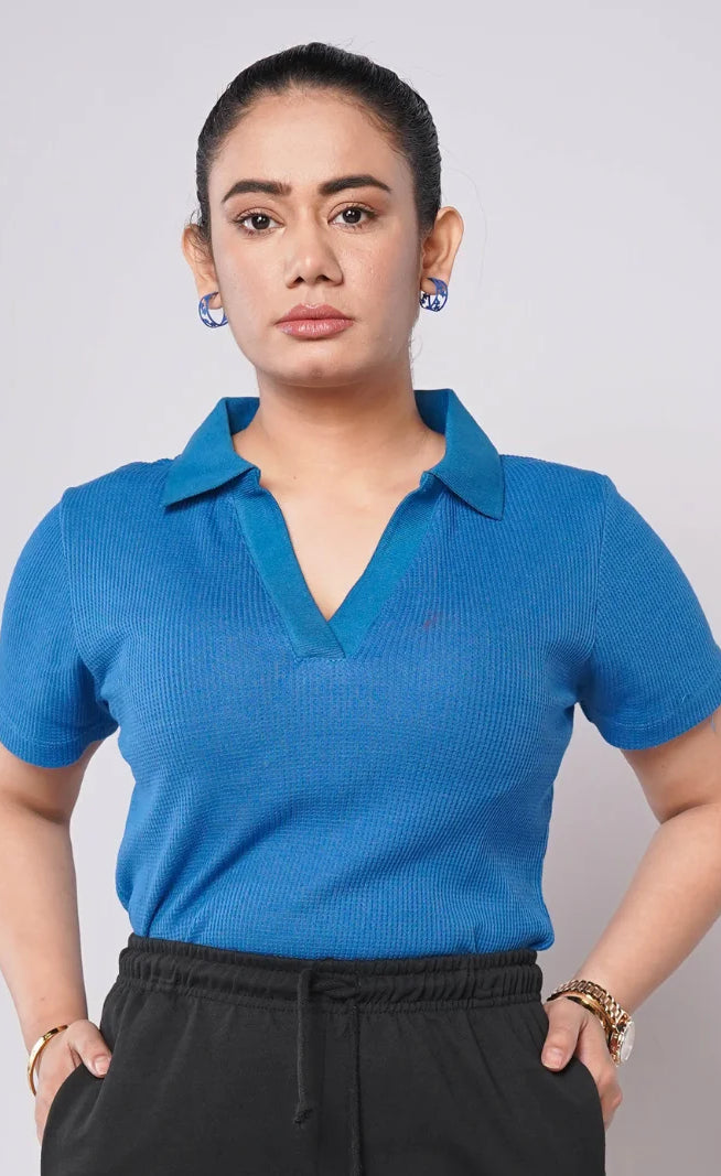 Johnny Collar Ribbed Knit Polo - Sapphire Blue (Short Sleeves)