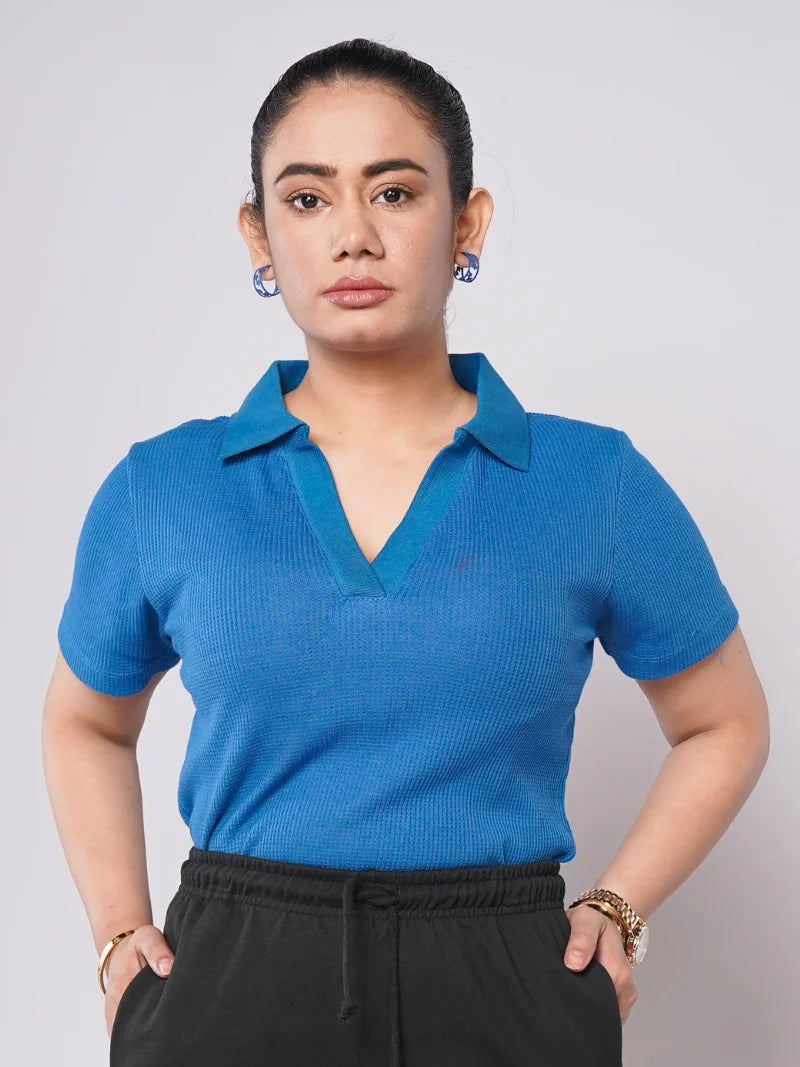 Johnny Collar Ribbed Knit Polo - Sapphire Blue (Short Sleeves)