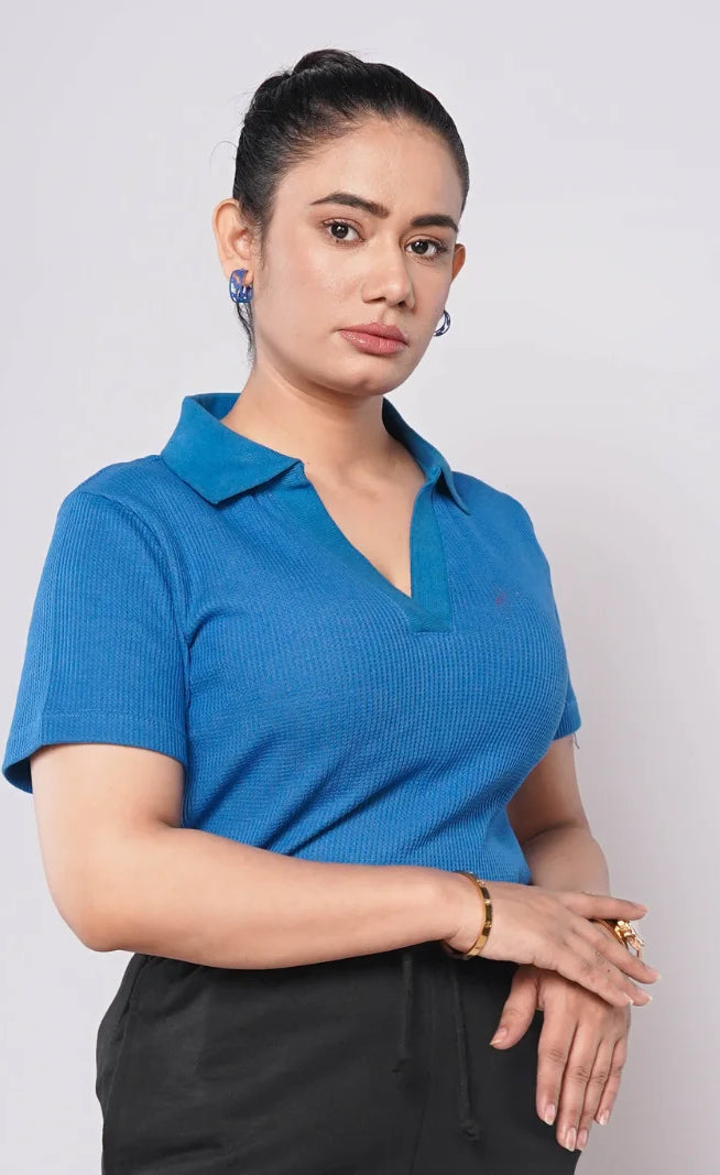 Johnny Collar Ribbed Knit Polo - Sapphire Blue (Short Sleeves)