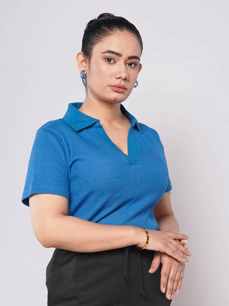 Johnny Collar Ribbed Knit Polo - Sapphire Blue (Short Sleeves)