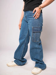 D600 - Medium Blue High Waist Wide Leg Cargo Jeans