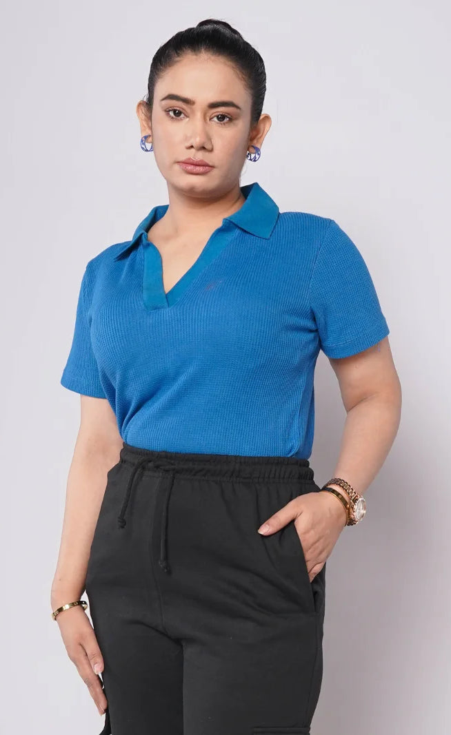 Johnny Collar Ribbed Knit Polo - Sapphire Blue (Short Sleeves)