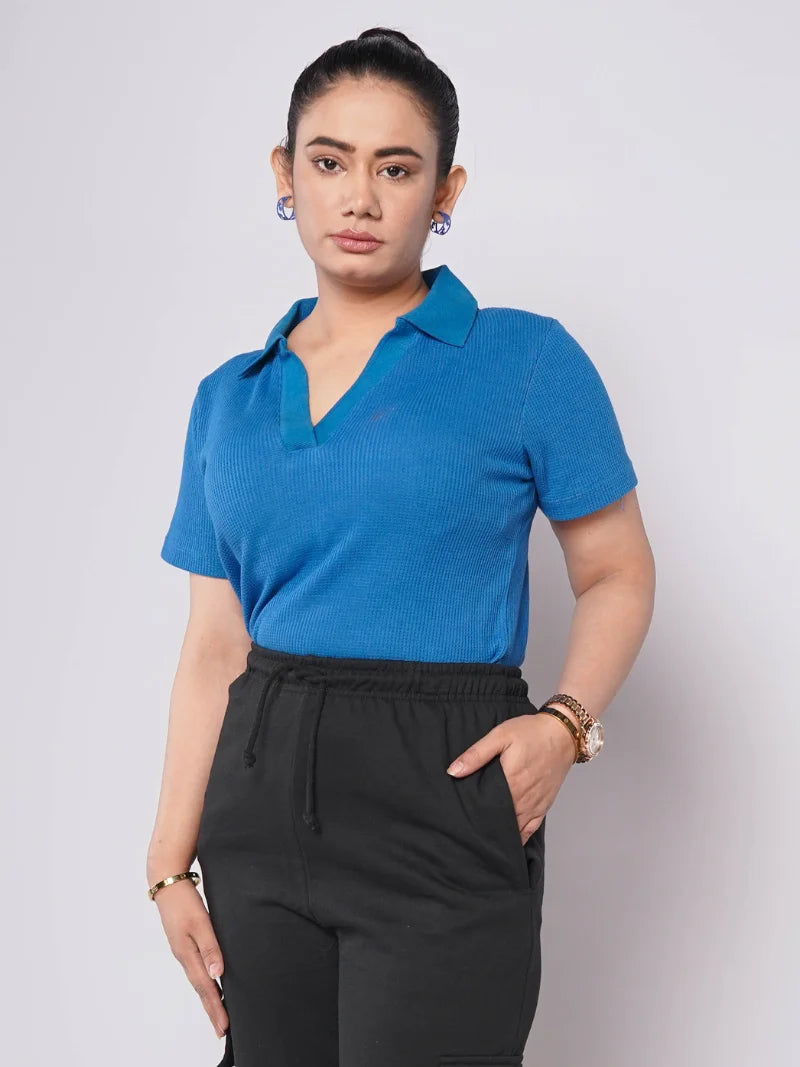 Johnny Collar Ribbed Knit Polo - Sapphire Blue (Short Sleeves)