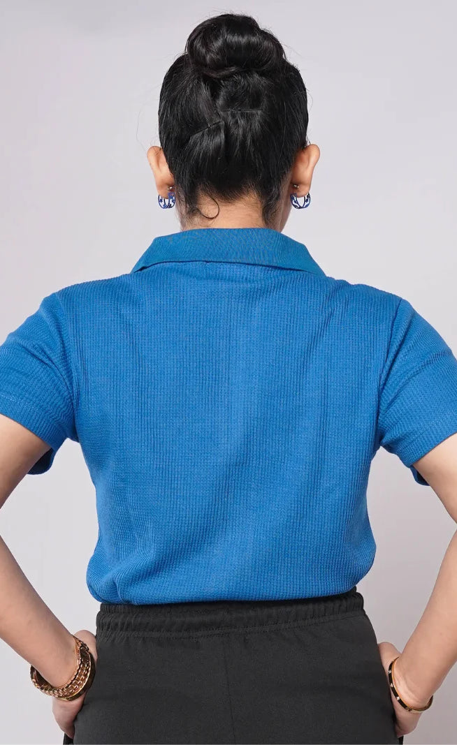 Johnny Collar Ribbed Knit Polo - Sapphire Blue (Short Sleeves)