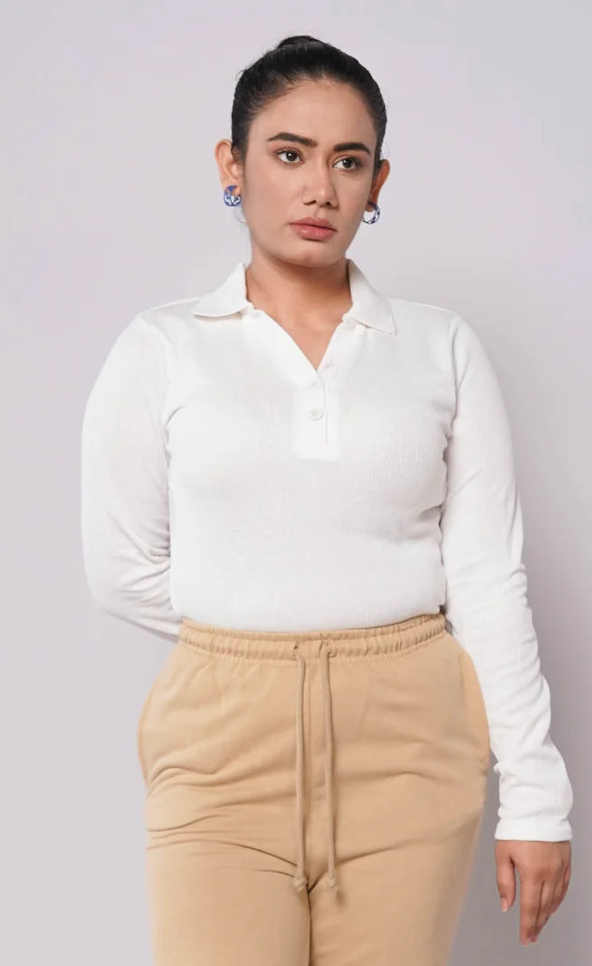 Johnny Collar Button Ribbed Knit Polo - White (Full Sleeves)