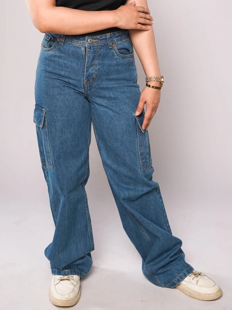 D600 - Medium Blue High Waist Wide Leg Cargo Jeans