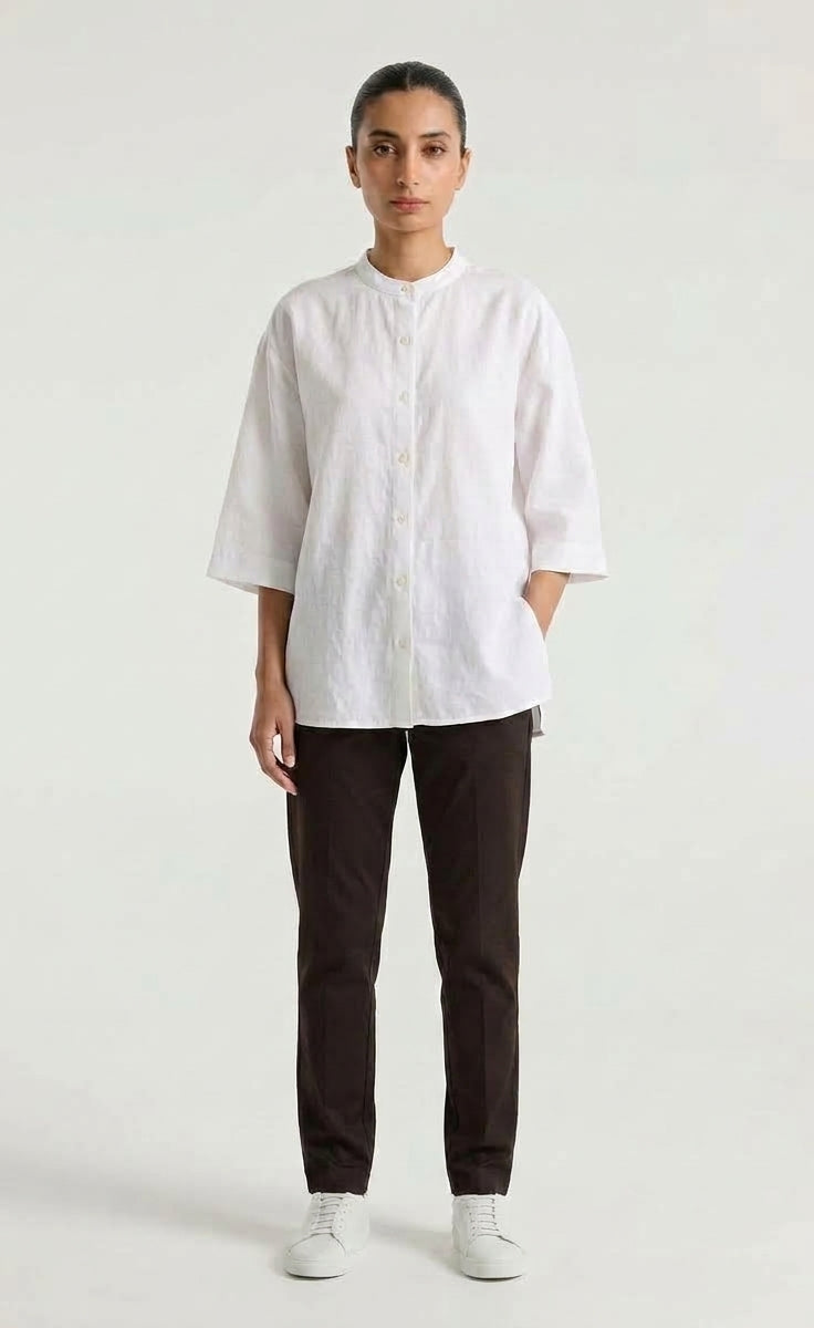 Band Collar Relaxed Fit Shirt - Off White