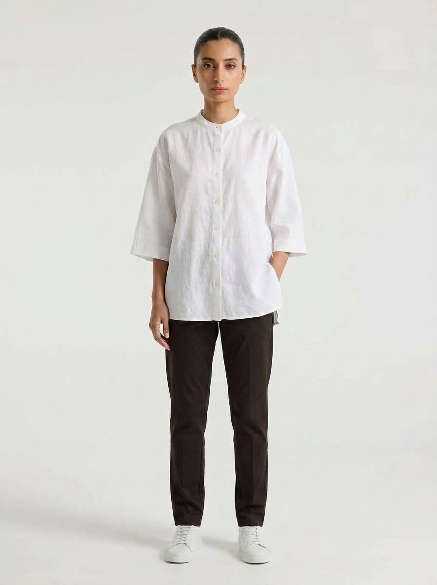 Band Collar Relaxed Fit Shirt - Off White