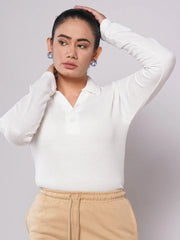 Johnny Collar Button Ribbed Knit Polo - White (Full Sleeves)