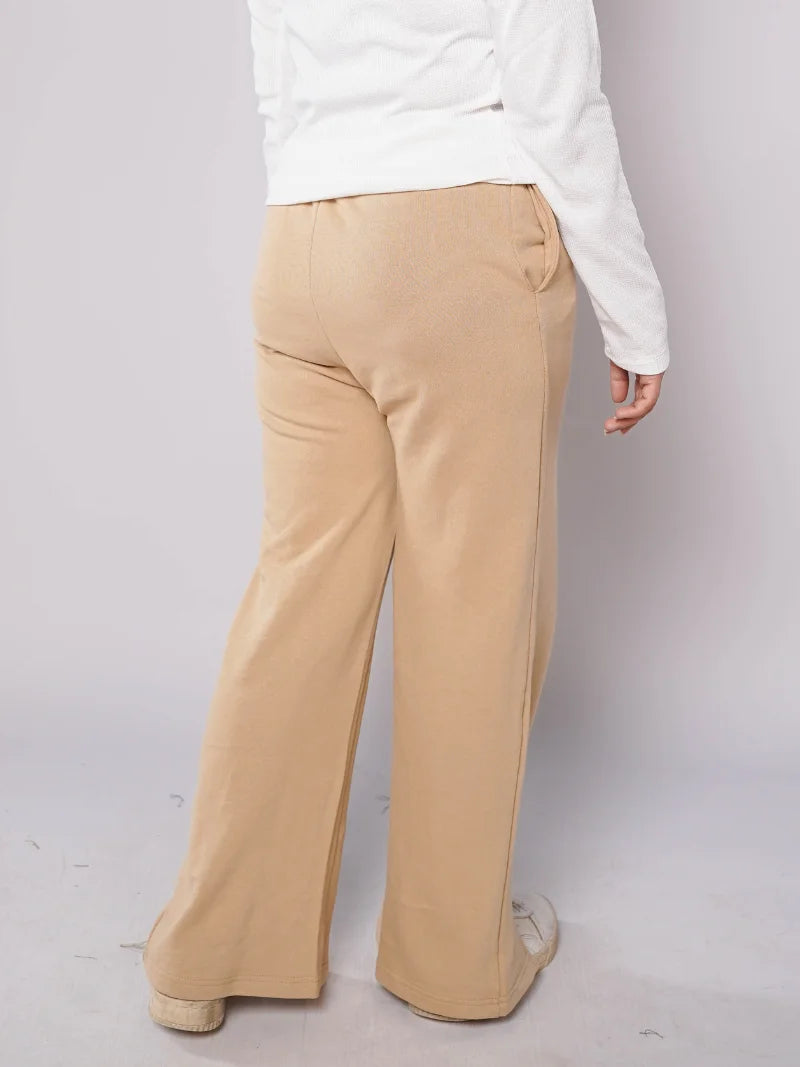 D600 - Beige Wide Leg Slit Trousers