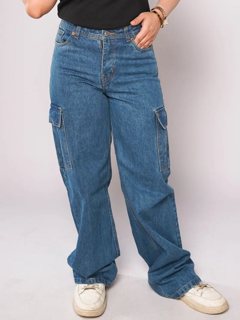 D600 - Medium Blue High Waist Wide Leg Cargo Jeans