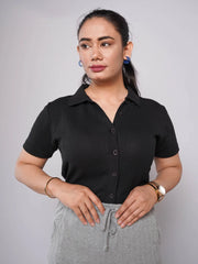 Button Up Ribbed Knit Shirt - Black (Short Sleeves)