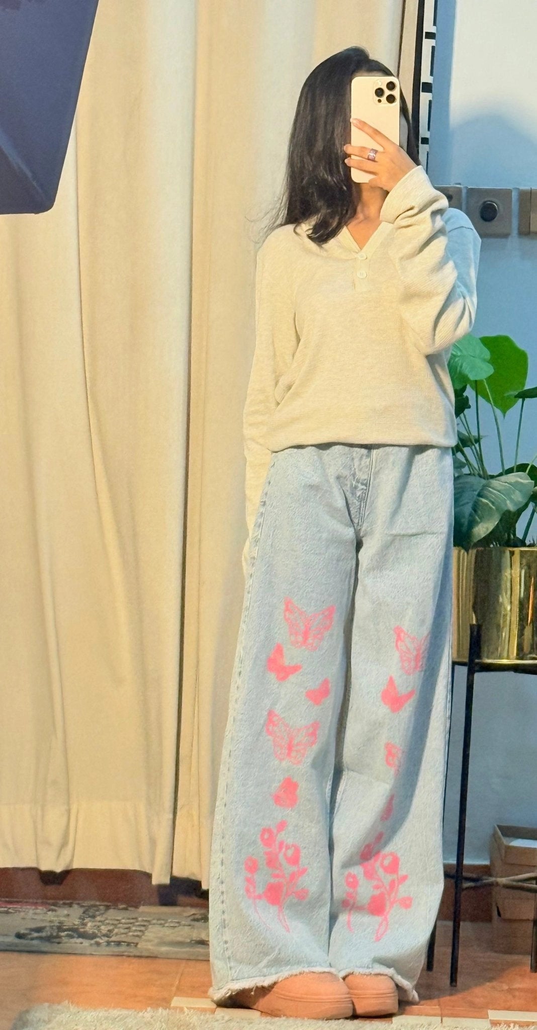 ZARA Wide-Leg Frayed Hem Jeans - Butterfly Print - Light Blue