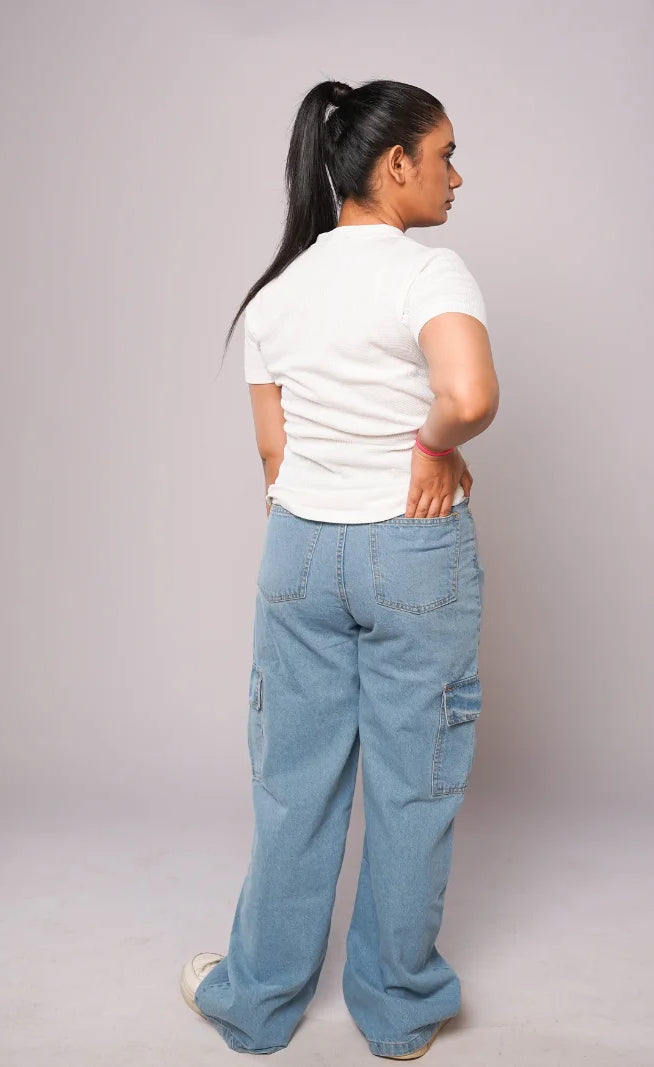 D600 - Ice Blue High Waist Wide Leg Cargo Jeans