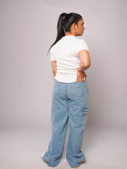 D600 - Ice Blue High Waist Wide Leg Cargo Jeans